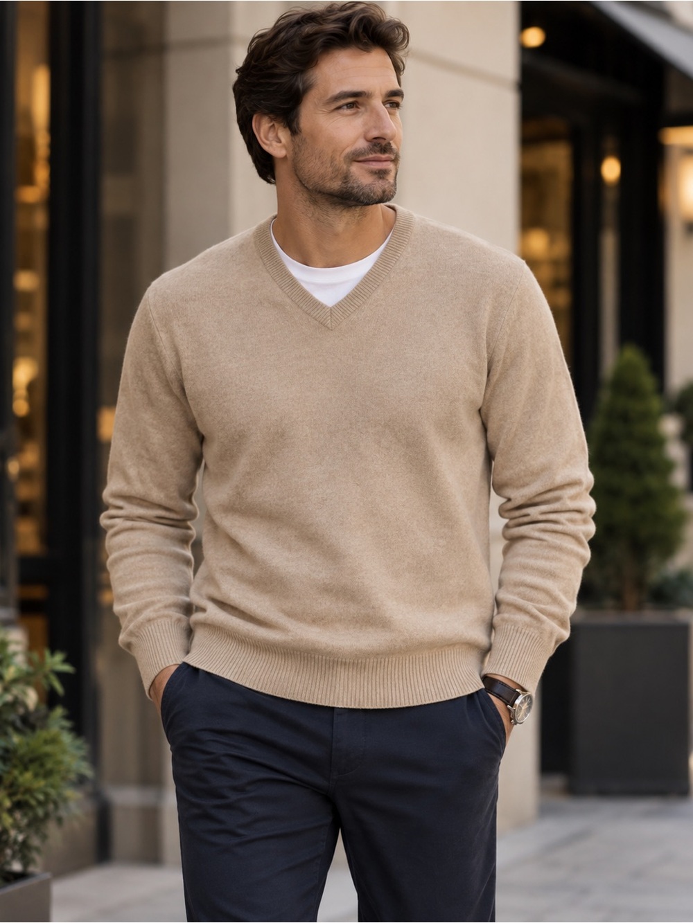 Club Room Luxury 100% Cashmere V-Neck Sweater Men’s M Beige